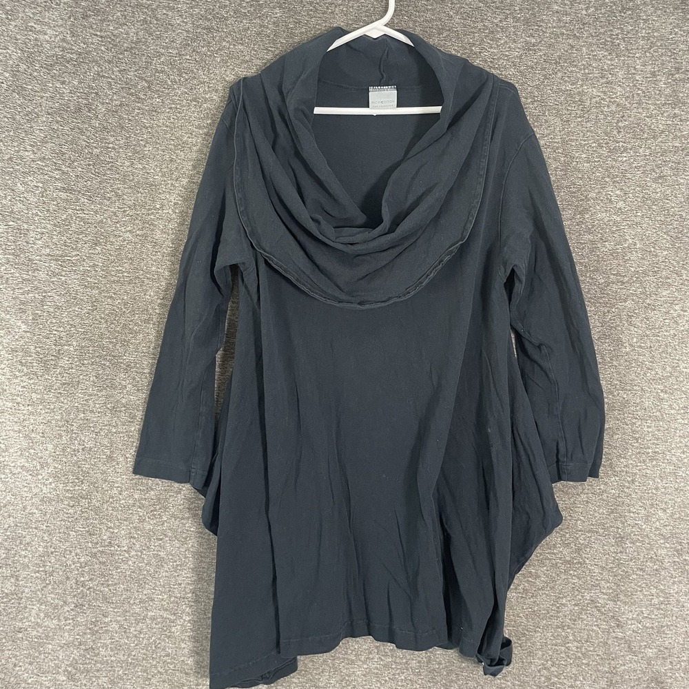 Pacific Cotton Tunic Top Womens Medium Black Cowl Neck Asym Hem Knit Made USA